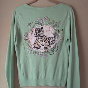 Mint Green Sweater with Embroidered Tiger Design